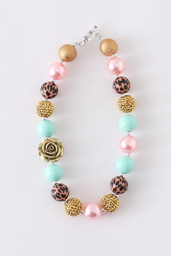 Gold, Pink, and Mint Chunky Beaded Leopard and Flower Necklace.