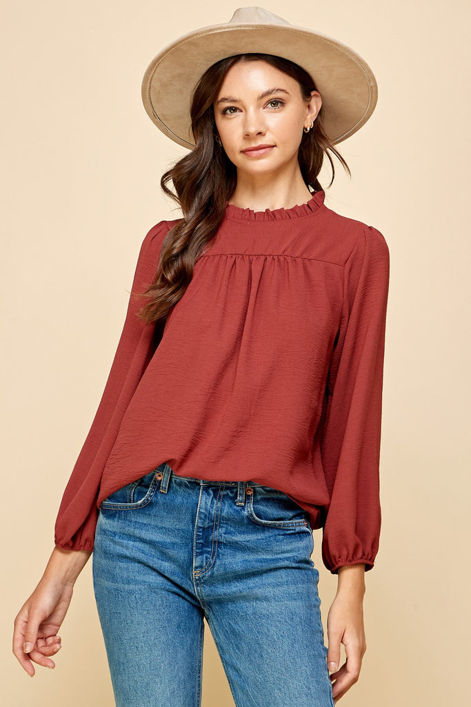 Rustic Red-Brown Ruffle Neck Top