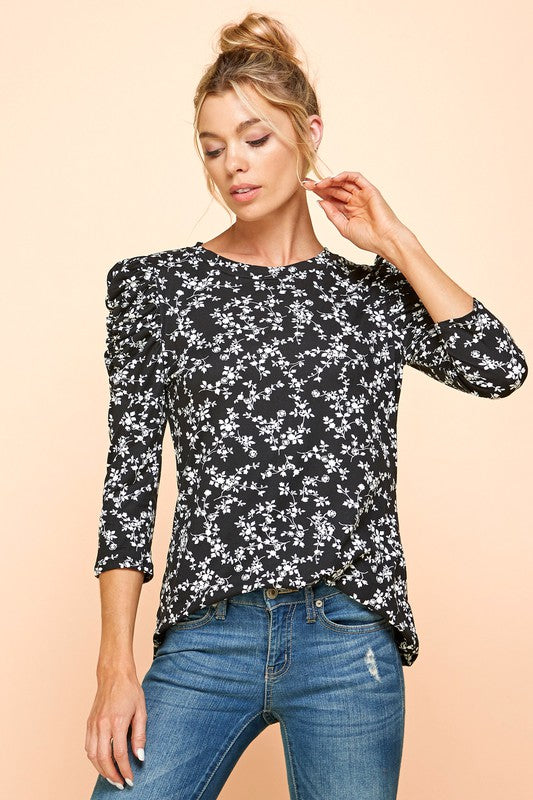 Floral Printed Top with Ruffled Sleeves Detail