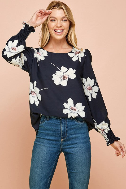 Floral Printed Top with Smocked Wrist Detail