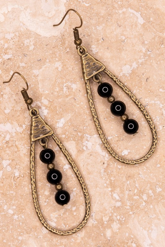 Gold Tear Drop Earrings with Black Beads