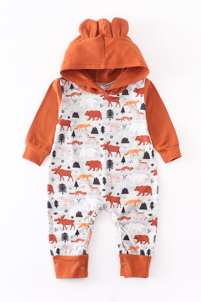 Rust Forest Adventure Baby Hooded Romper