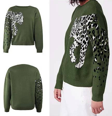 Green Cheetah Print Knit Sweater