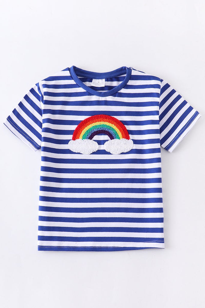 Blue and White Striped Rainbow Applique Baby Top