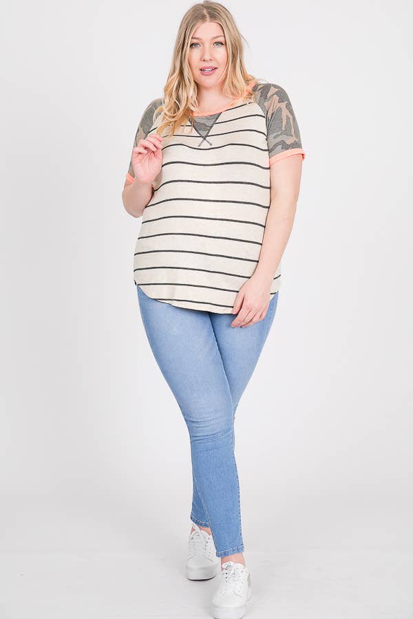 Camouflage, Oatmeal, and Coral Striped Top - Plus