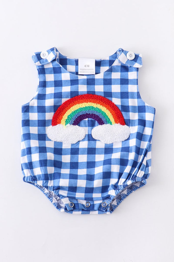 Blue and White Gingham Rainbow Baby Bubble Romper
