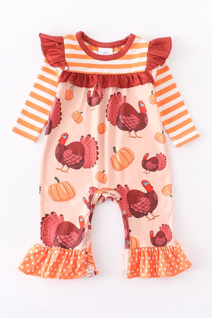 Orange Striped Turkey and Pumpkin Baby Ruffle Romper