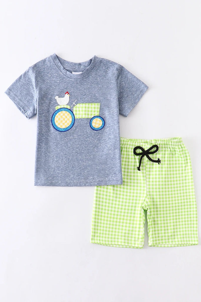 Blue and Lime Green Tractor Baby Outfit