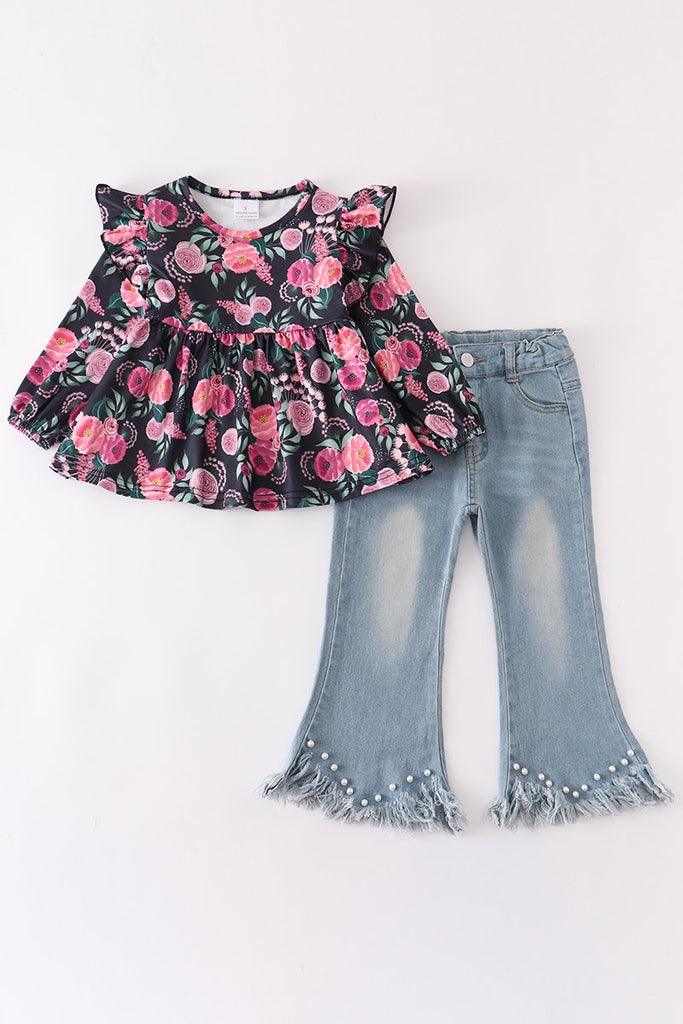 Floral and Black Bell Ruffle Jeans Set