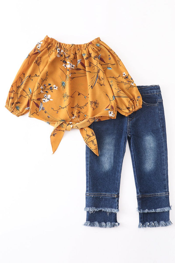Floral Mustard Tie Top and Jeans