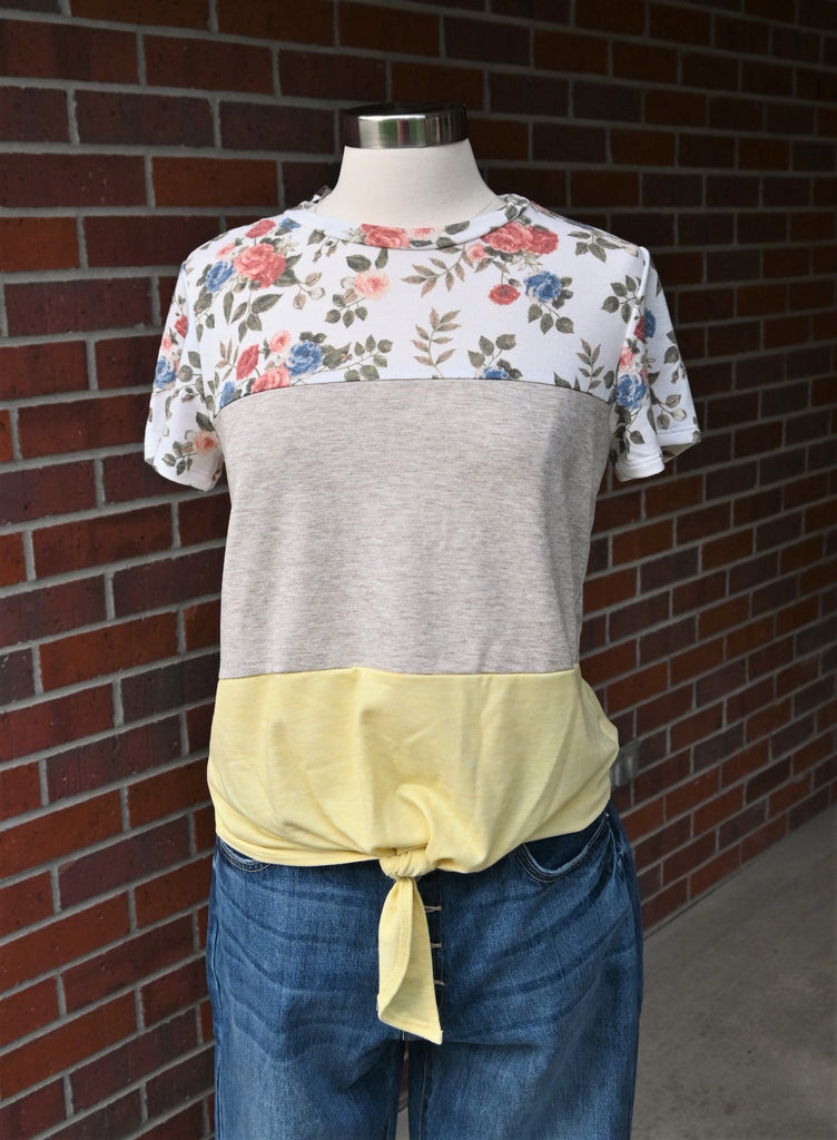 Yellow, Grey, and Floral Color Block Tie Top - Women