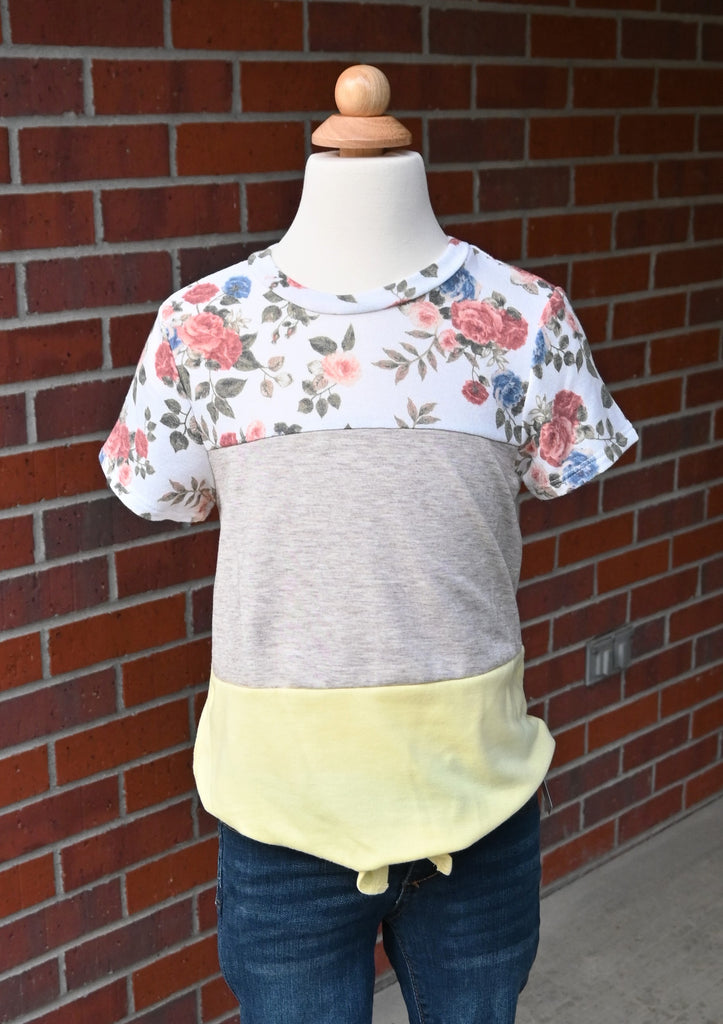 Yellow, Grey, and Floral Tie Top