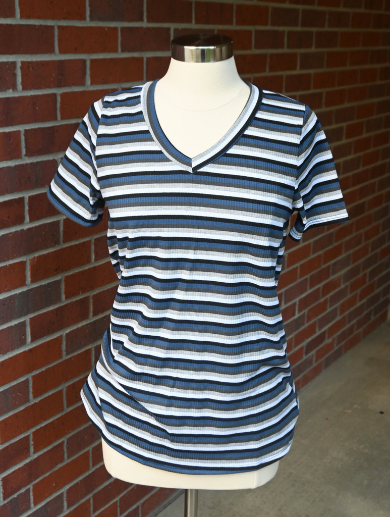 Blue and Grey V-Neck Striped Top