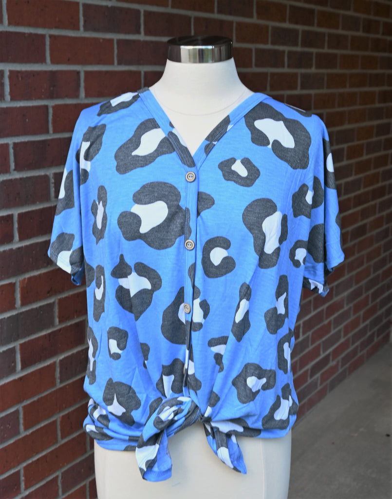 Blue Leopard Knotted Jersey Tunic Top - Plus