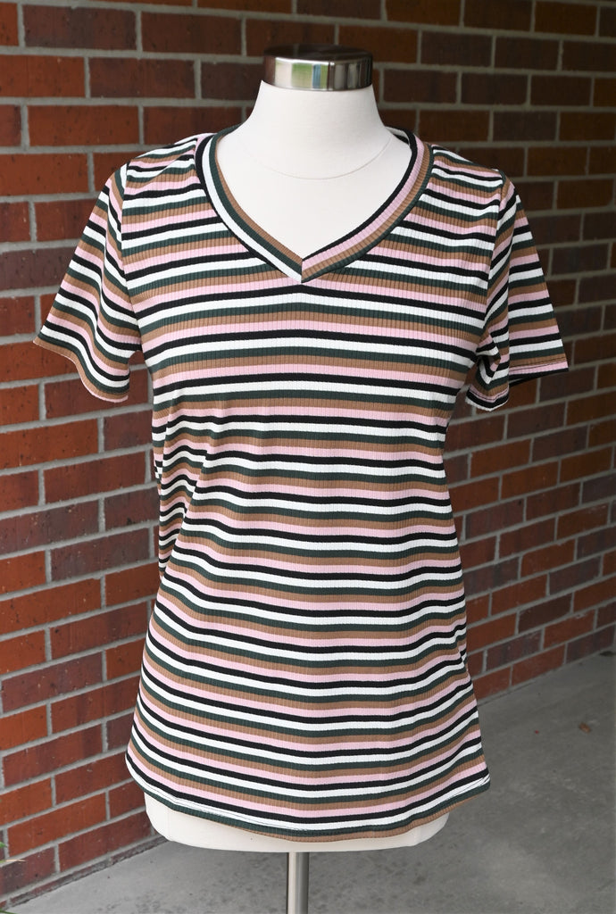 Green, Pink, and Navy Striped V Neck Top