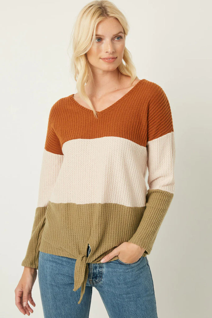 Womens Waffle Knit Colorblock Tie Top