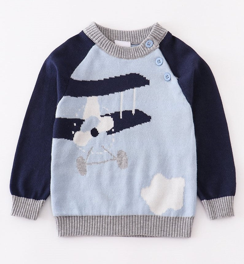 Blue Aircraft Button Knit Sweater