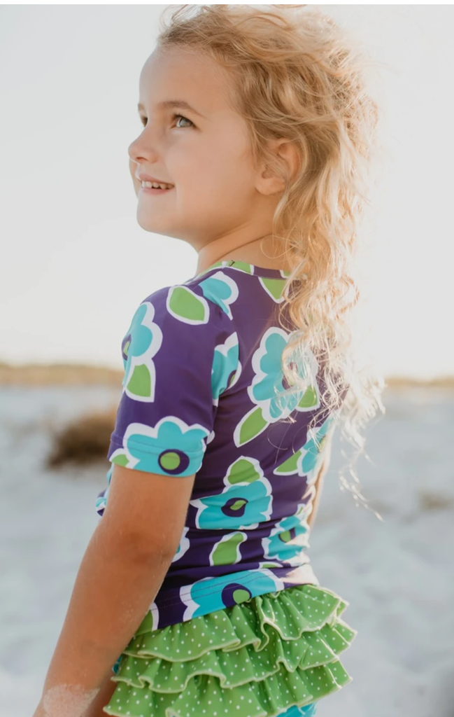Blue, Teal, and Lime Green Floral Rash Guard with Ruffle Bottoms