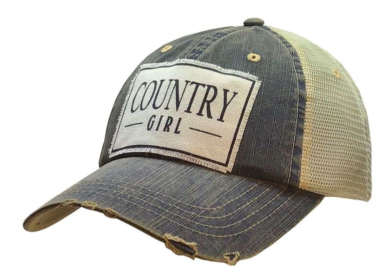 Country Girl Blue Denim Distressed Trucker Cap